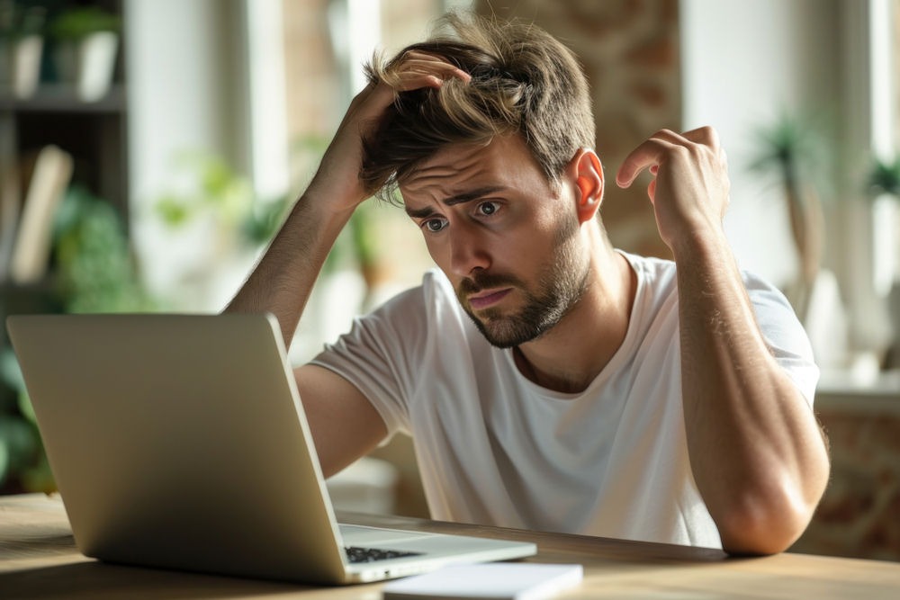 a man touching his hair while staring at his laptop